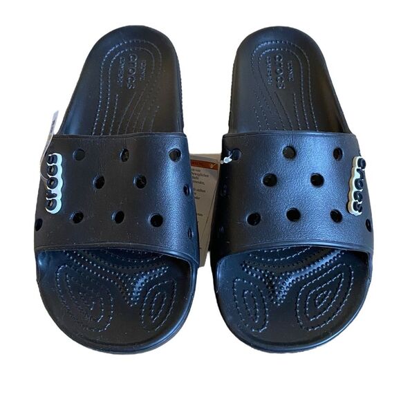NWT Crocs Classic Slide Sandals in Black Size Men 8 Women 10 with Crocs Charms - Picture 3 of 14